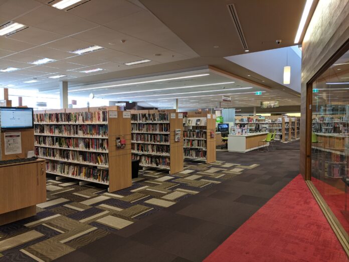 Interior of Lane Cove Library, January 2020 Interior of Lane Cove Library showing book stacks and reading area