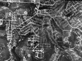 Aerial photograph of Lane Cove in 1930, stitched from two frames of the same survey