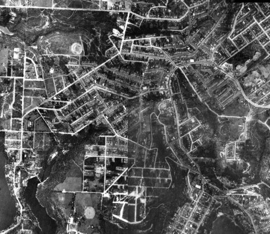 Aerial photograph of Lane Cove in 1930, stitched from two frames of the same survey