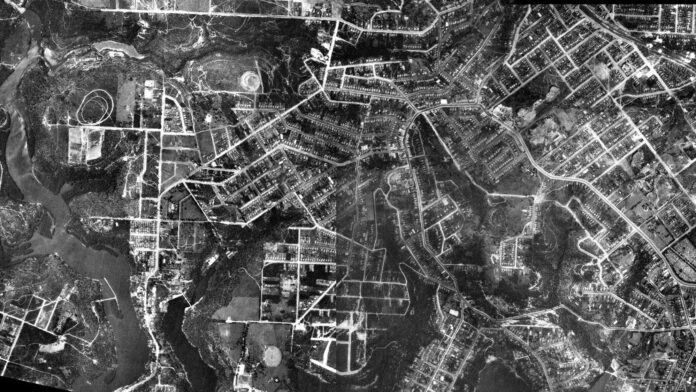 Aerial photograph of Lane Cove in 1930, stitched from two frames of the same survey