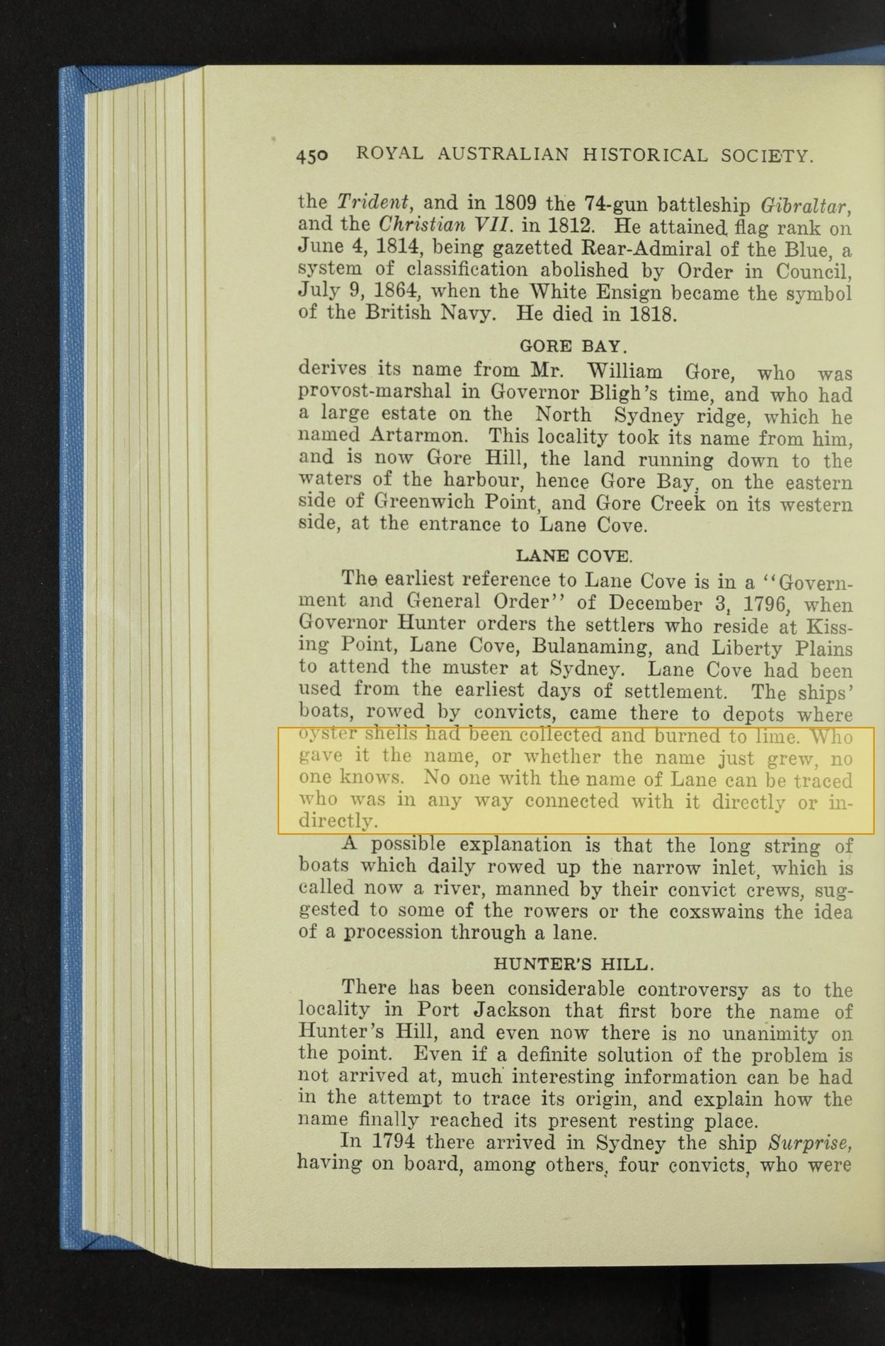 The sentence the tradition is built on top of. Watson’s page, read to the Royal Australian Historical So