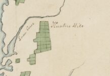 Detail of Governor Hunter 1796 manuscript chart, with the words Lane Cove written down the water and Hunters Hill across from them