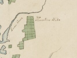 Detail of Governor Hunter 1796 manuscript chart, with the words Lane Cove written down the water and Hunters Hill across from them