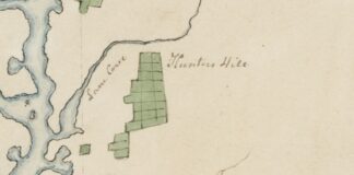 Detail of Governor Hunter 1796 manuscript chart, with the words Lane Cove written down the water and Hunters Hill across from them