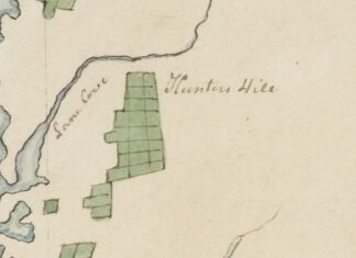 Detail of Governor Hunter 1796 manuscript chart, with the words Lane Cove written down the water and Hunters Hill across from them