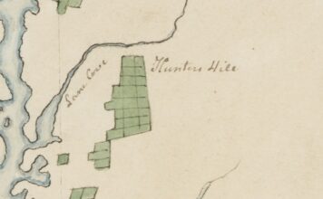 Detail of Governor Hunter 1796 manuscript chart, with the words Lane Cove written down the water and Hunters Hill across from them