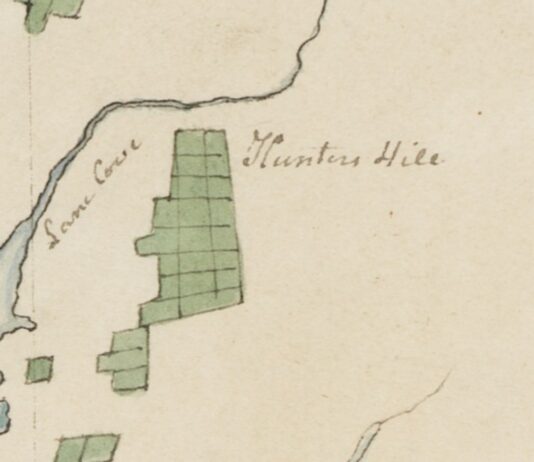 Detail of Governor Hunter 1796 manuscript chart, with the words Lane Cove written down the water and Hunters Hill across from them