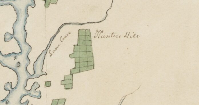 Lane Cove on the 1796 chart Detail of Governor Hunter 1796 manuscript chart, with the words Lane Cove written down the water and Hunters Hill across from them