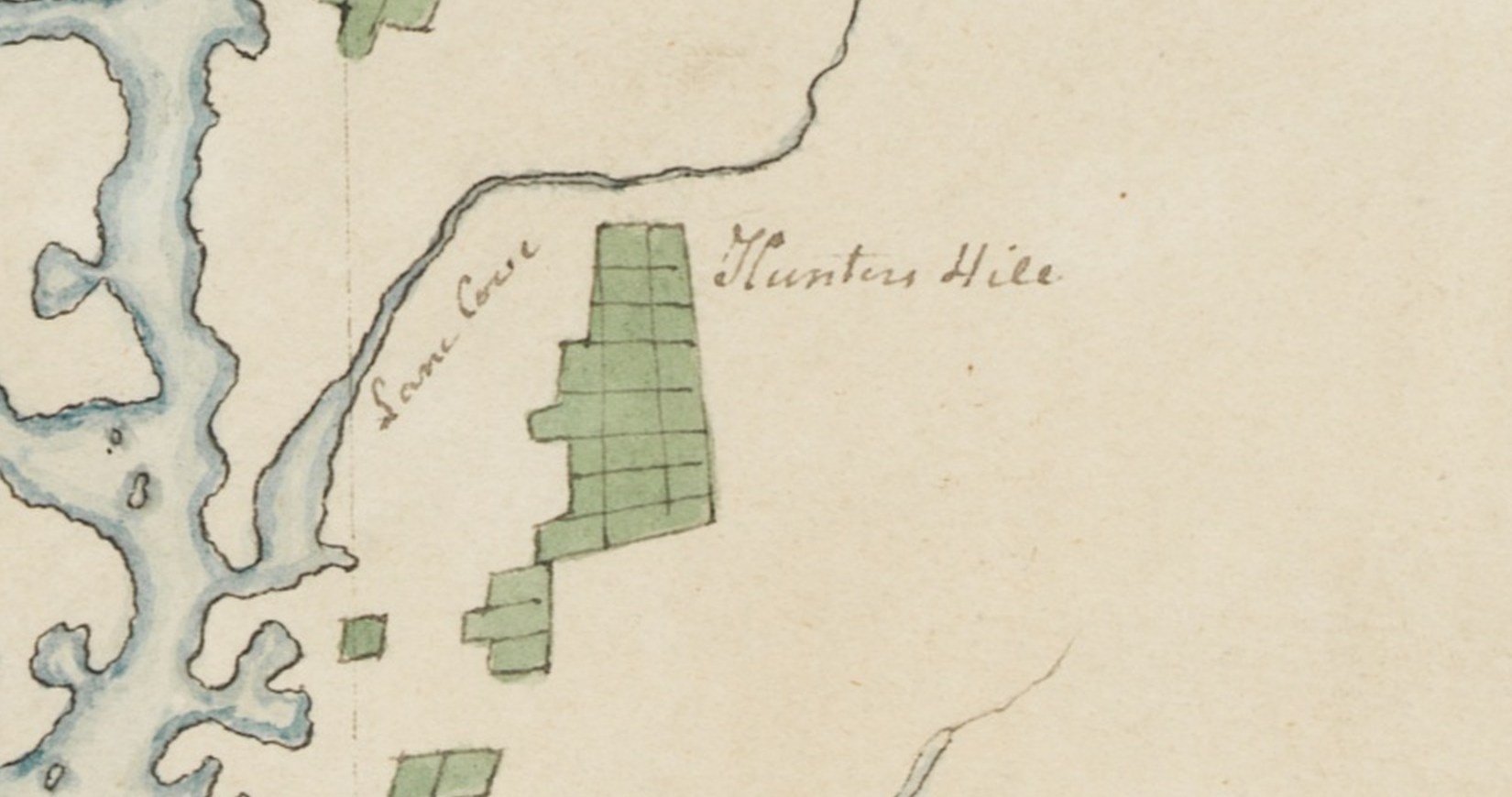 Detail of Governor Hunter’s 1796 manuscript chart, with the words Lane Cove written down the water and Hunters Hill across from them