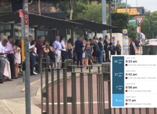 On time, technically: Lane Cove’s bus performance examined Commuters queuing at the Lane Cove bus stop on the Pacific Highway. An inset shows a real-time departure board with four consecutive route 253 services to Wynyard all running late.