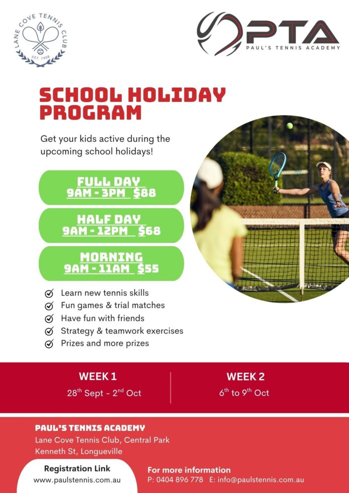 Paul's Tennis Academy school holiday program at Lane Cove Tennis Club