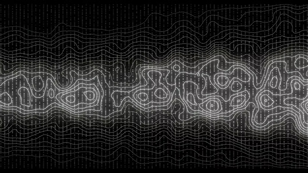 Black and white data portrait of glowing white contour lines over vertical dashes, by Mac Bryla