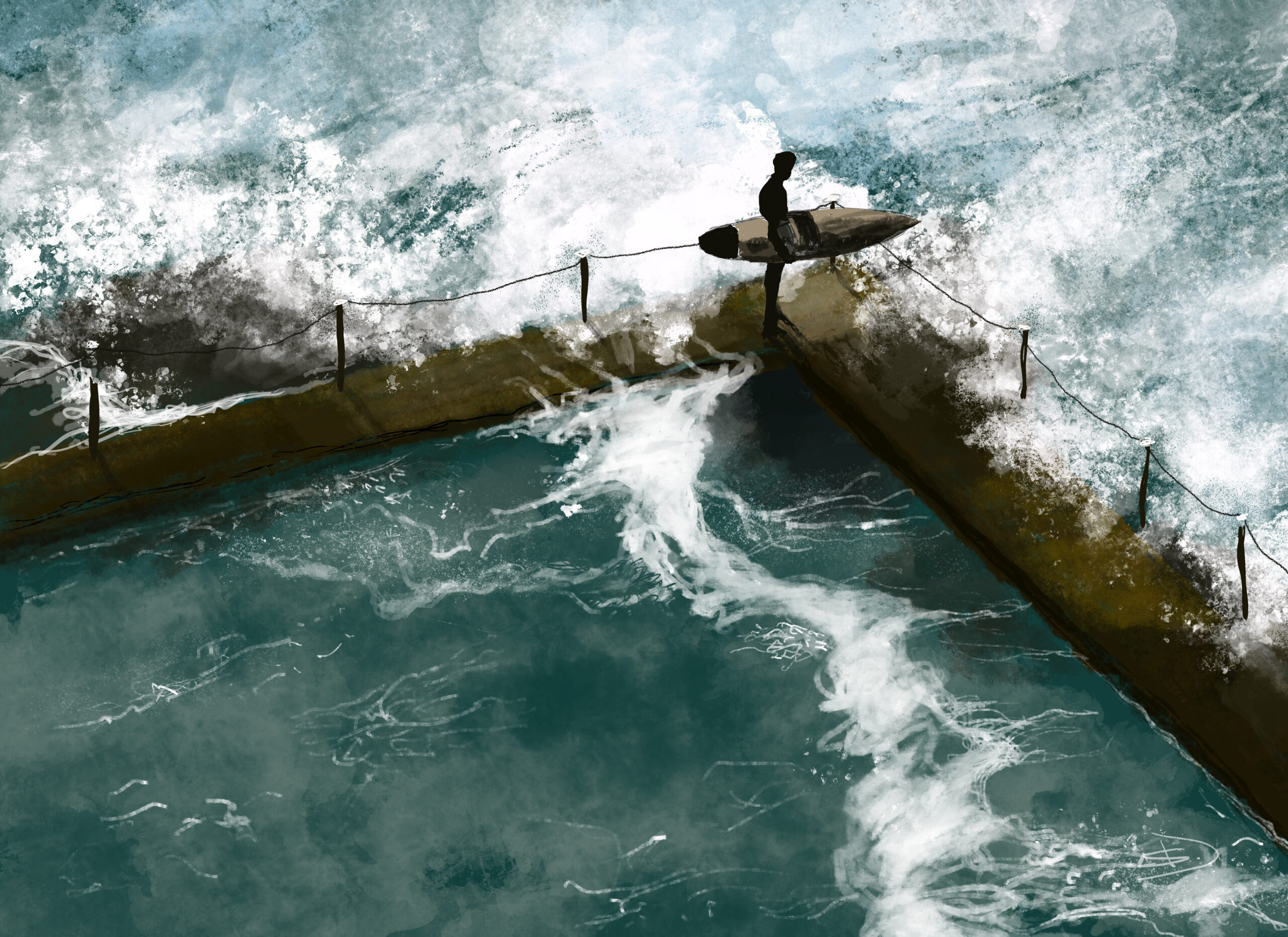 Digital painting of a surfer holding a board on the edge of the Avalon Beach rockpool as waves crash over the wall