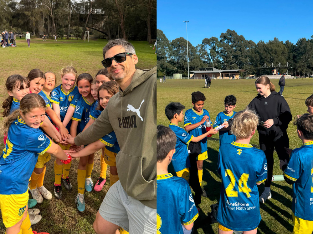 Junior football players huddle together at Lane Cove Football Club.