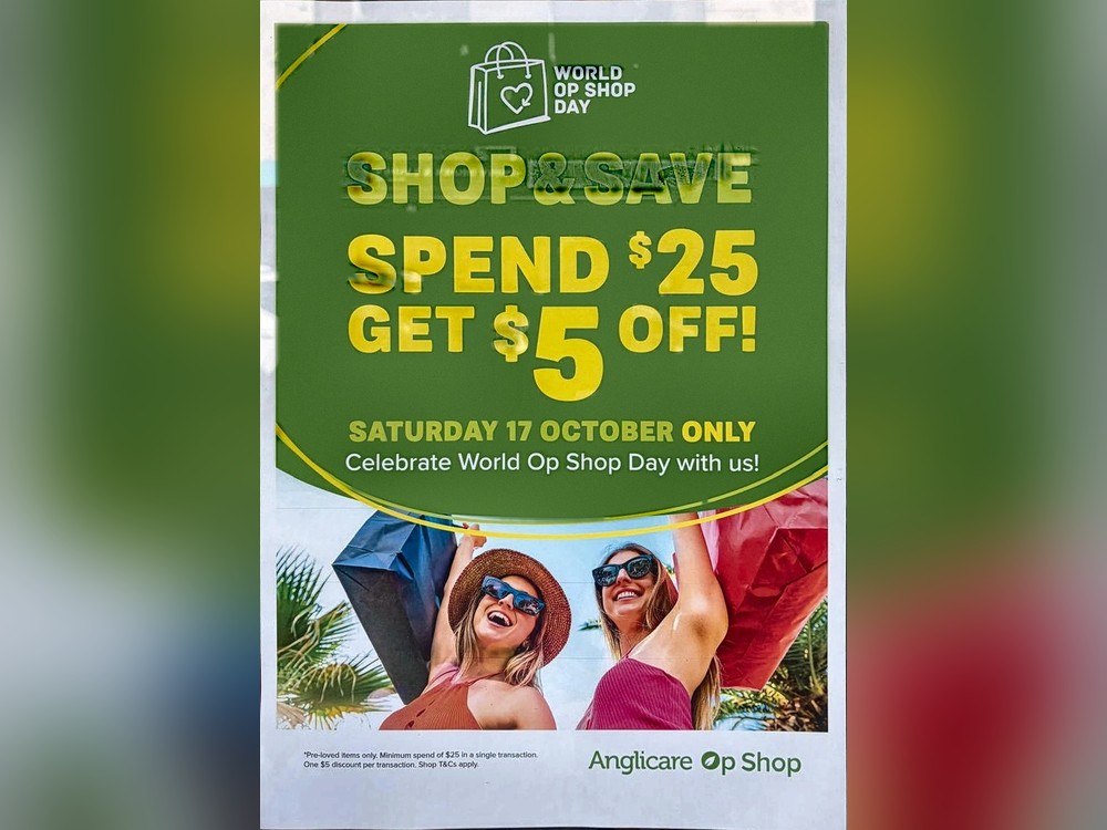 Anglicare Op Shop poster for its World Op Shop Day offer