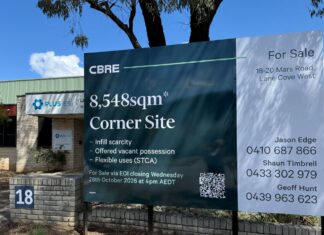 CBRE for sale sign at 18-20 Mars Road, Lane Cove West, beside the PLUS ES building