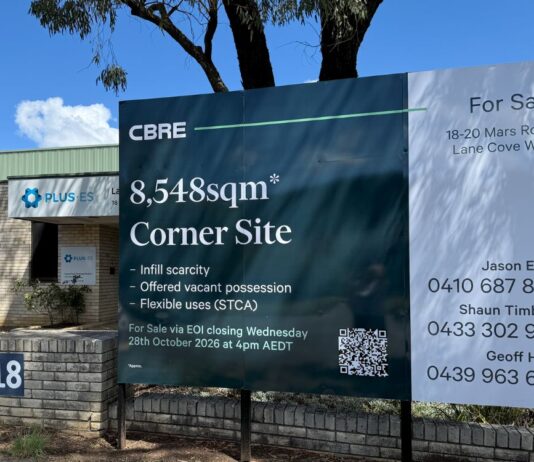 CBRE for sale sign at 18-20 Mars Road, Lane Cove West, beside the PLUS ES building