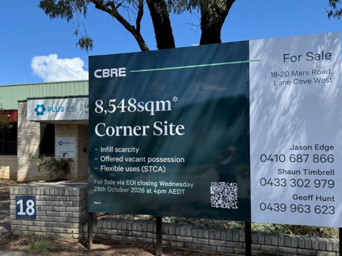 CBRE for sale sign at 18-20 Mars Road, Lane Cove West, beside the PLUS ES building