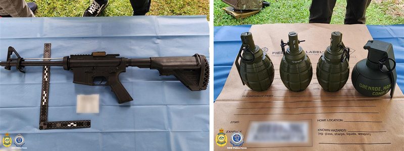Black AR-style rifle with a forensic scale, and four green grenades lined up on a brown evidence bag