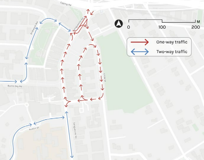 Map of Lane Cove town centre with red one-way arrows on Longueville Road and Little Street and blue two-way routes