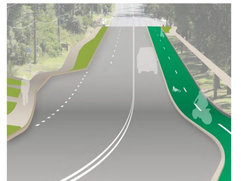 Artist’s concept of River Road with a green separated bike lane on the right and a footpath on the left