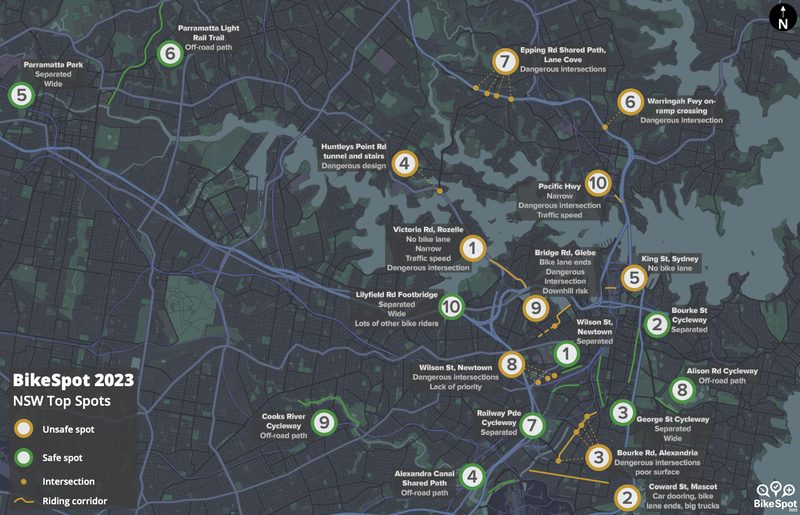Map of Sydney’s top 10 safe and unsafe spots for bike riders, with Epping Road in Lane Cove at number 7