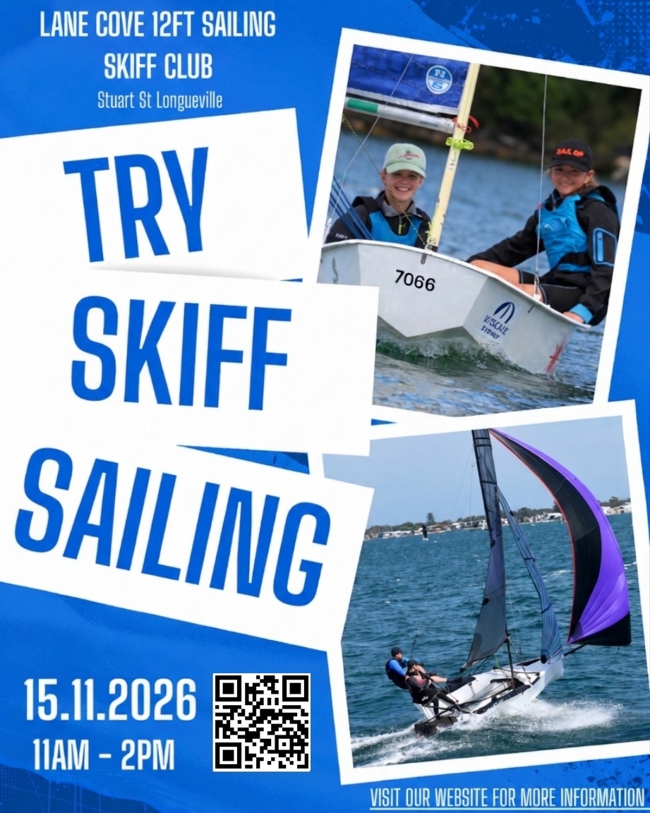 Try Skiff Sailing Day flyer for Lane Cove 12ft Sailing Skiff Club, Sunday 15 November 2026, 11am to 2pm
