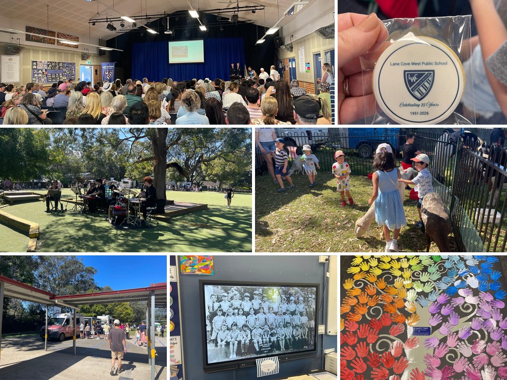 Highlights from Lane Cove West Public School’s 75th anniversary celebrations, including the hall assembly, a student band, the petting zoo, food trucks and historical displays.