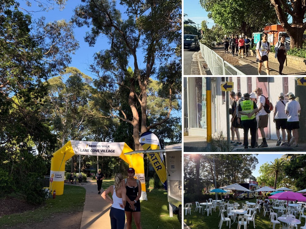 Cancer Council 7 Bridges Walk at the Lane Cove Village, showing the inflatable arch, walkers on the route and the food truck seating area