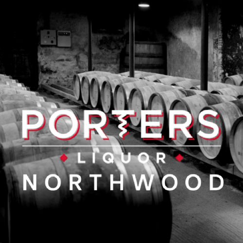 Porters Liquor Northwood logo in white over a black and white photo of wine barrels in a cellar