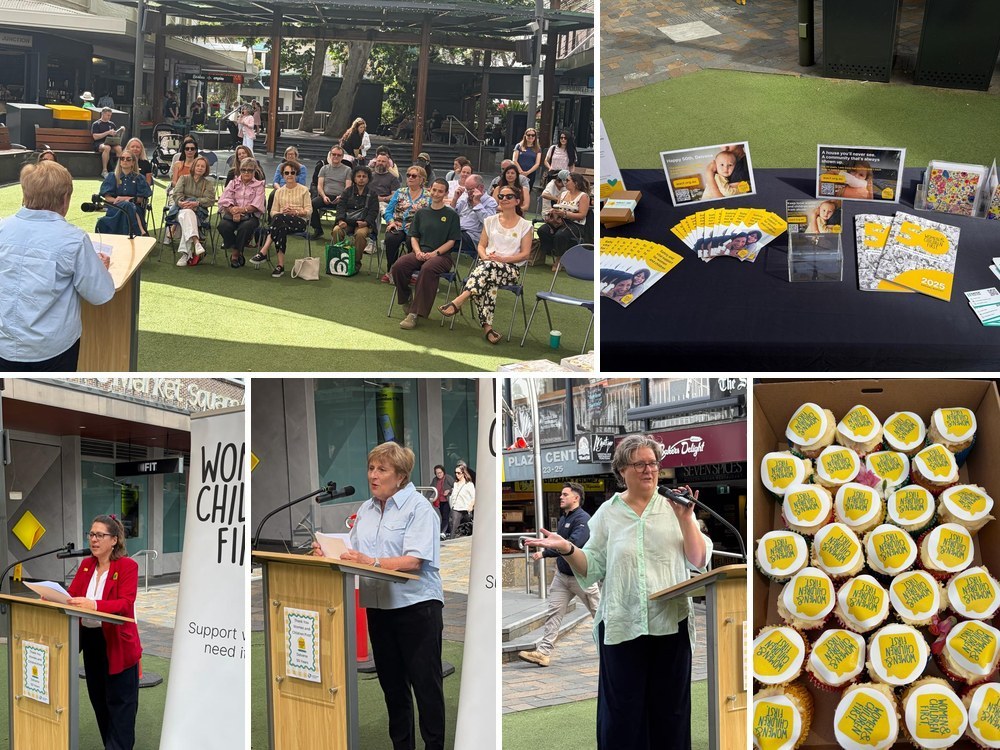 Lane Cove’s celebration of 50 years of Delvena Women’s Refuge in the plaza, showing the crowd, speakers, the Women & Children First display and birthday cupcakes