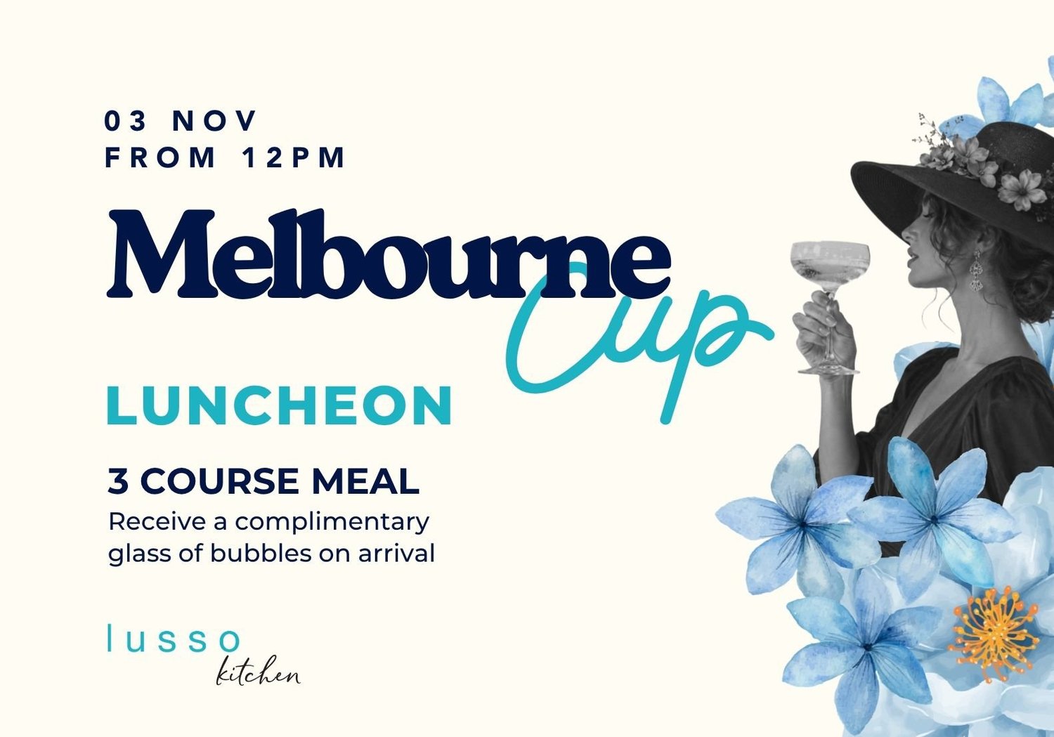 The Diddy Melbourne Cup lunch poster from Lusso Kitchen showing the menu and ticket price